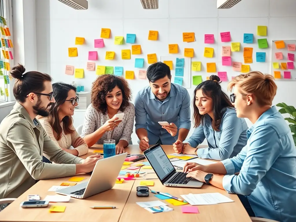 A creative team brainstorming and developing multimedia content in a bright workspace.