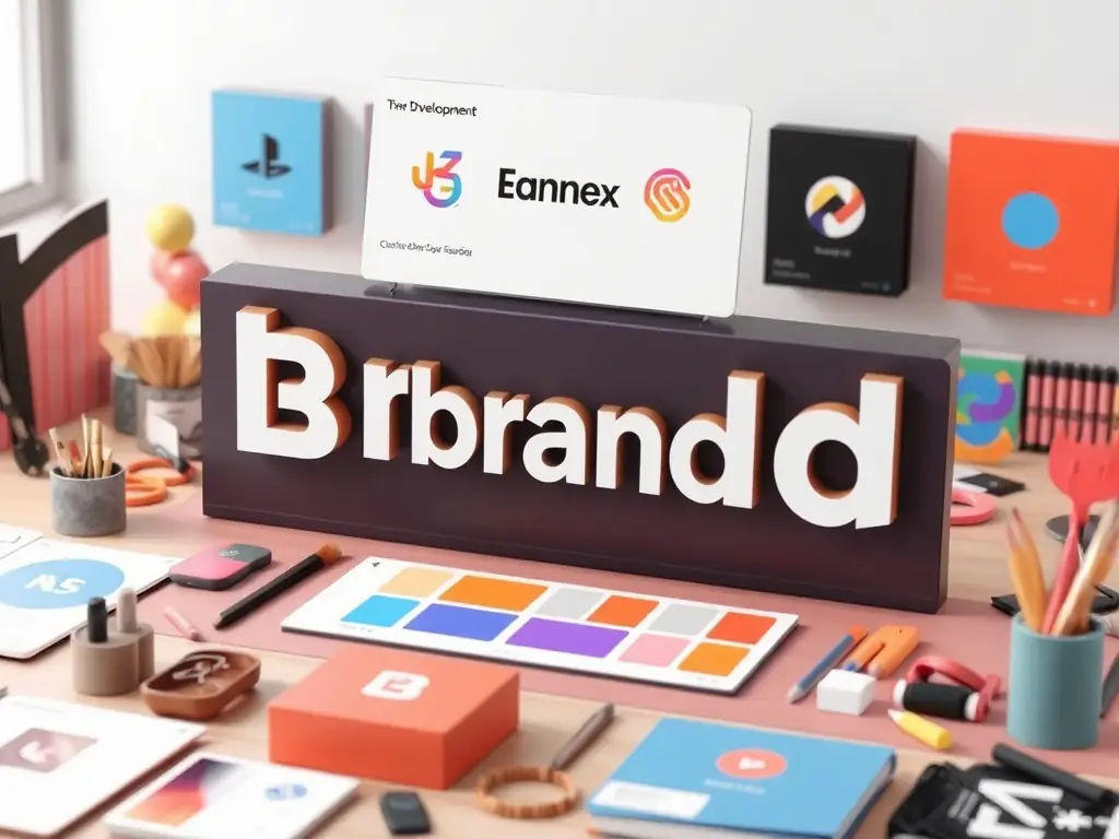 A 3D model representation of brand development showcasing logos and color palettes.