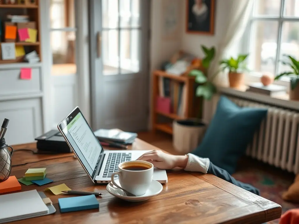 A creative workspace with a writer drafting content on a laptop surrounded by notes and coffee.