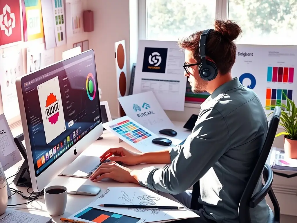 A designer working on a brand logo at a computer, with color palettes and sketches in a bright workspace.