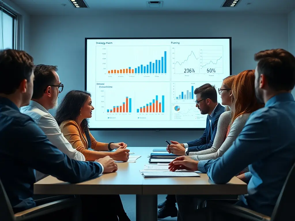 A professional team in a strategic planning session with charts and graphs.