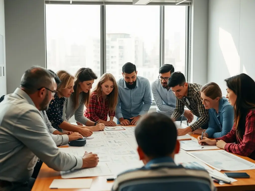 A team collaborating over a project plan in a bright meeting room.